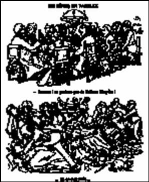«Семейный обед». 
– Прежде всего, давайте не говорить о «Деле Дрейфуса».
... Они говорят об этом!
Карикатура того времени.
