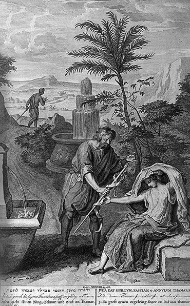Иуда и Фамарь. Гравюра Жерара Хоэ из книги «Библейские персонажи». 1728 
