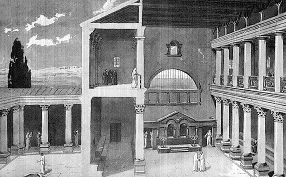 Реконструкции по Г. Колю и К. Ватцингеру. Южная часть синагогального зала и атриума, интерьер (в разрезе)
